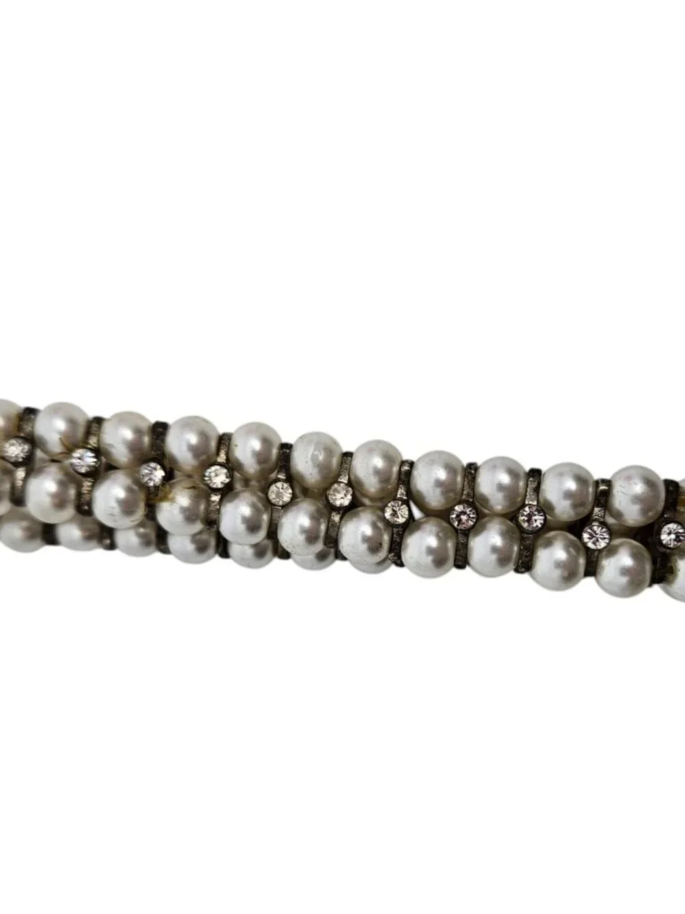 Vintage Faux Pearl & Rhinestone Stretch Bracelet - White, 6¼